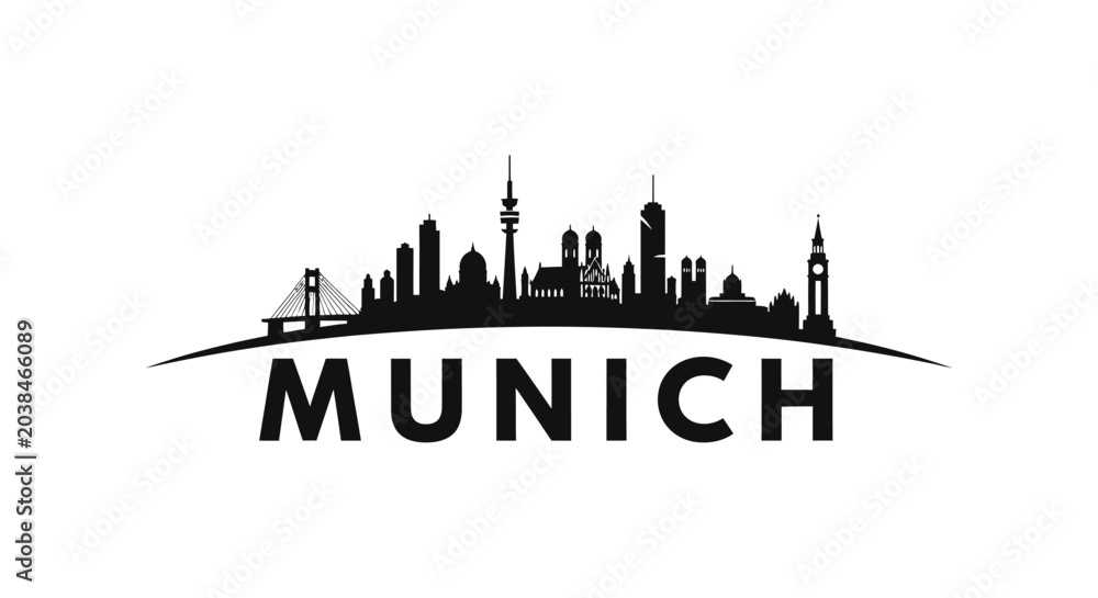 Fototapeta premium Stylized black and white skyline illustration of Munich featuring notable architectural landmarks and cityscape silhouette