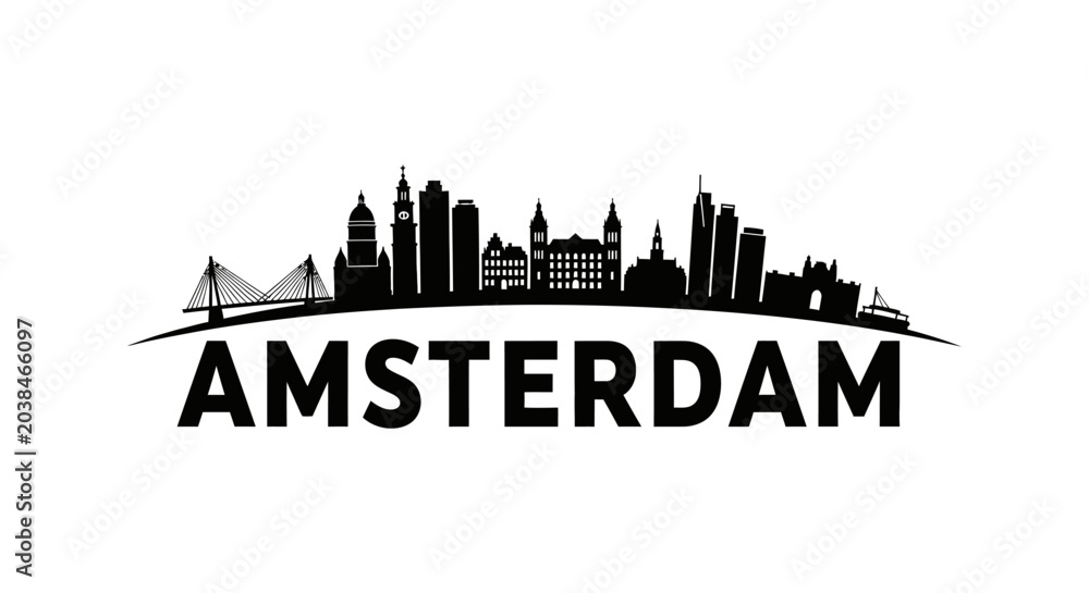 Obraz premium Silhouette of Amsterdam City Skyline Featuring Iconic Buildings and Bridges with Bold City Name