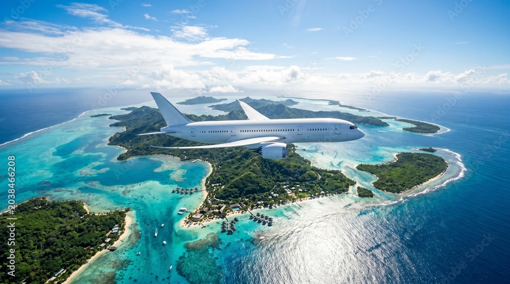Fototapeta premium Commercial airplane soaring over turquoise waters and lush tropical islands in cinematic sunlight