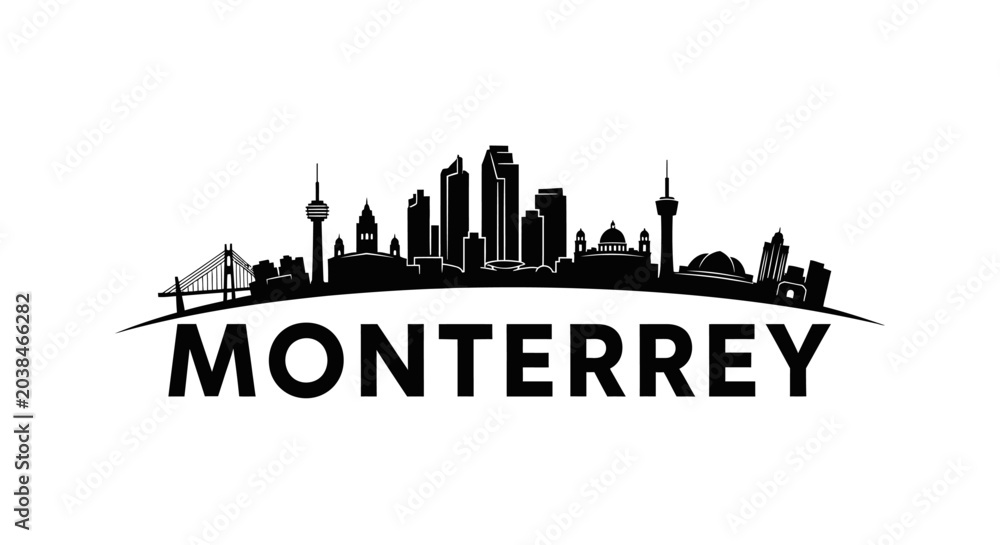 Fototapeta premium Silhouette of Monterrey City Skyline with Iconic Landmarks and Urban Elements