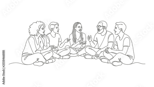 Group of diverse friends sitting in a circle having a conversation line art.