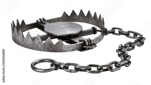 Tablou pe pânză Metal animal trap with sharp teeth and chain