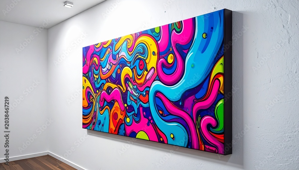Fototapeta premium Vibrant Colorful Graffiti Art Canvas Print Hanging on White Wall - Modern Abstract Street Art Interior Decor Mockup