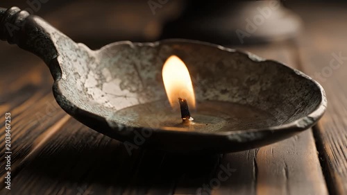 Ancient Oil Lamp Burning Brightly on Wooden Surface.