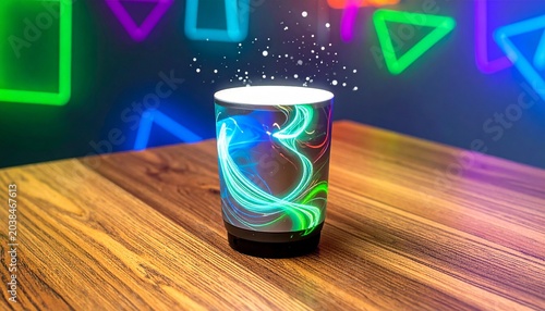 Futuristic Paper Cup with Glowing Neon Fluid Art Patterns on Wooden Table - Cyberpunk Event and Party Lifestyle Concept
