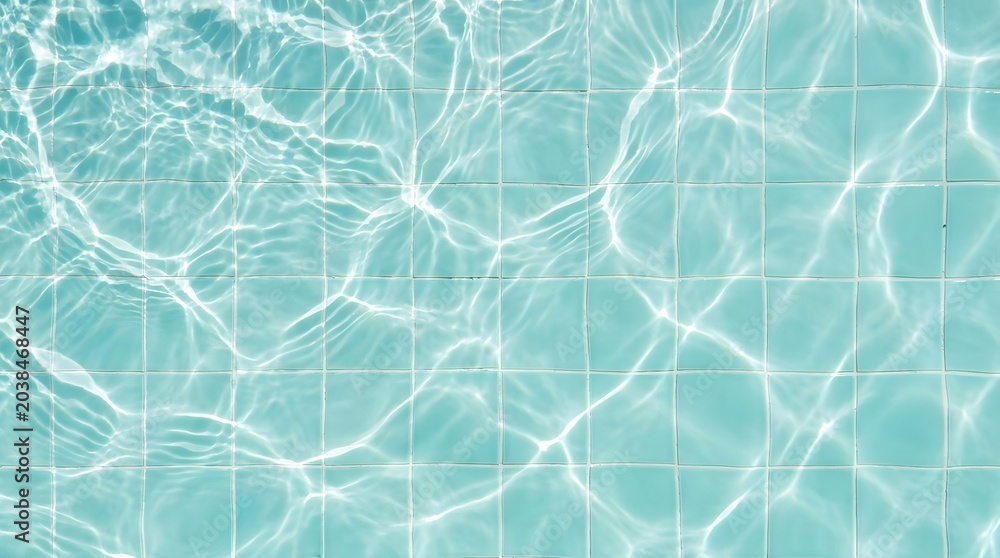Fototapeta premium Bright sunlight creates beautiful shimmering caustic patterns on the surface of clear turquoise water covering square tiles in this high angle overhead shot of a pool