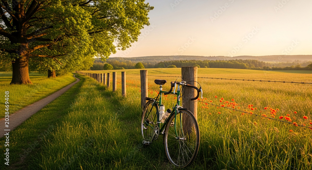 Obraz premium A vintage bicycle leans against a wooden post in a grassy field with poppy flowers, evoking a sense of nostalgic journey and peaceful rural escape.