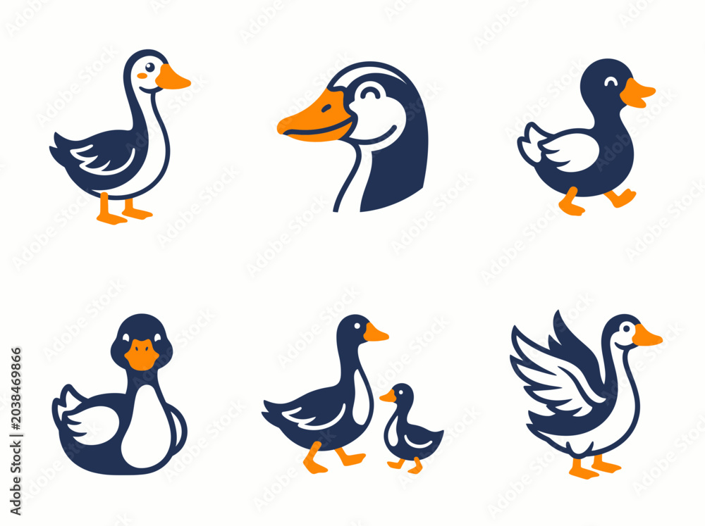 Fototapeta premium Set of cute goose and duck icons in flat vector style