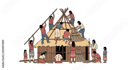 Foto Indigenous people building a traditional thatched roof hut