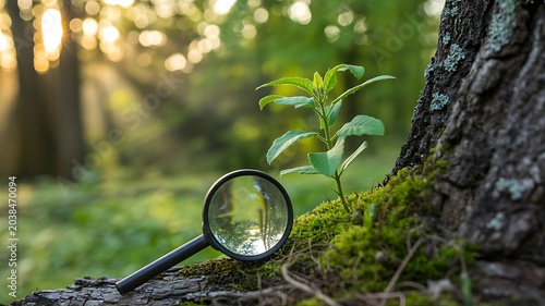 Magnifying glass examining young plant in forest representing environmental research and conservation
