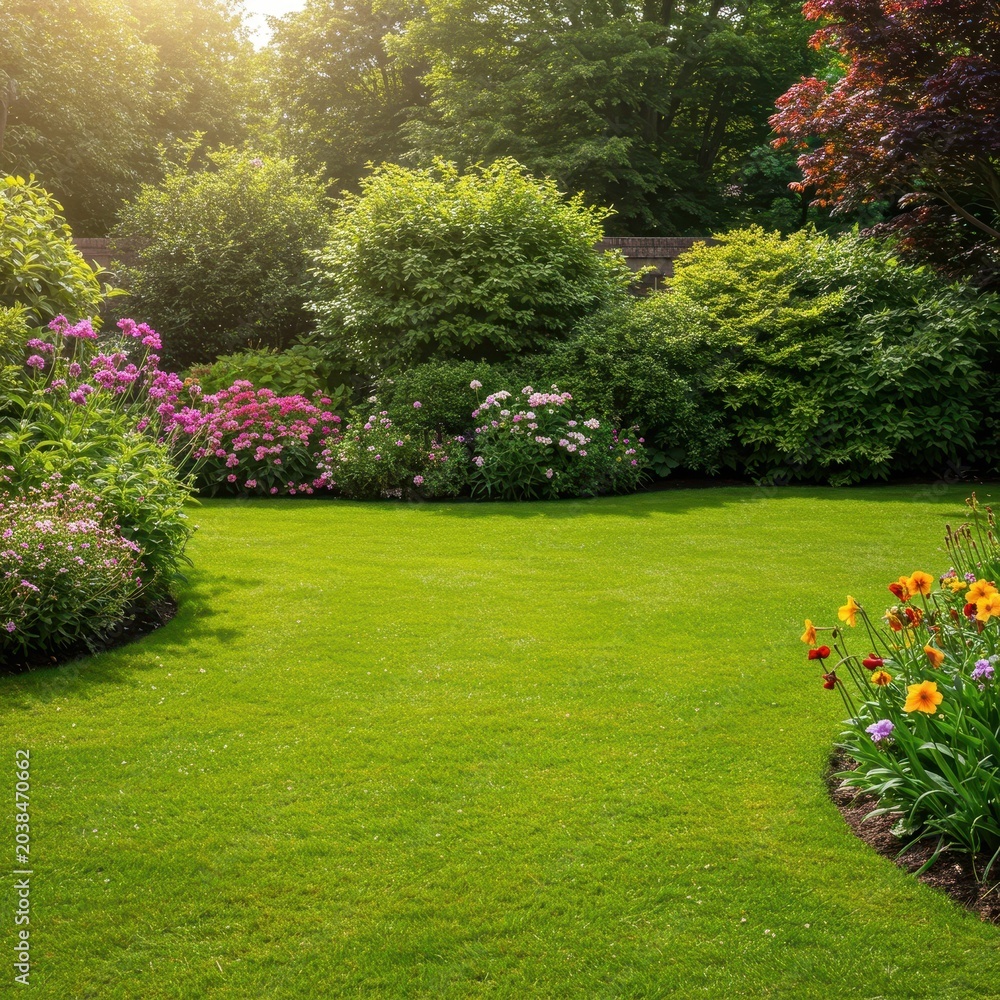 Fototapeta premium A freshly manicured, lush green lawn bordered by blooming colorful flowers and vibrant healthy garden shrubs under bright natural sunlight, manicured, sunlight, perfect