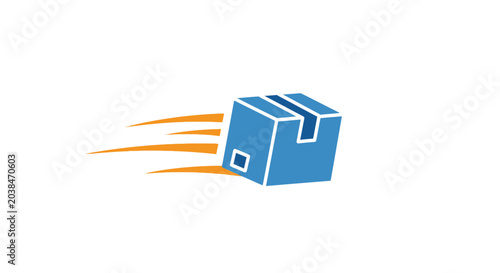 Cuadro en lienzo A blue cardboard box moving quickly with orange motion lines on a white backgrou