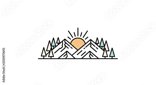 Fotografija A minimalist line art illustration of mountains and trees at sunrise