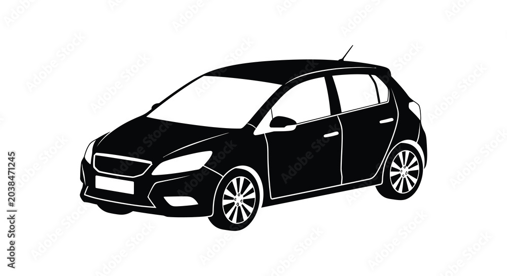 Obraz premium Compact hatchback car silhouette in black and white on a white background silhouette