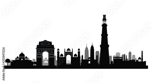 delhi skyline silhouette featuring india gate and qutub minar black and white silhouette