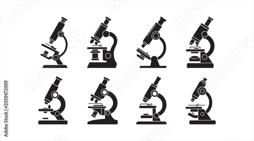 Black Microscope Icons Showing Medical Laboratory Testing Scientific Investigation and Biotechnology Tools