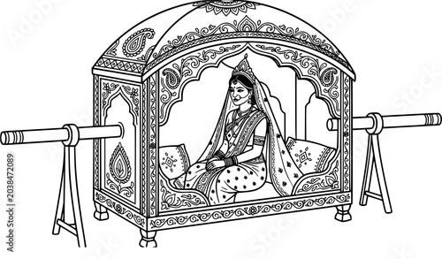Foto Bengali bride palanquin vector outline illustration minimalist wedding cultural