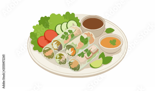 Tableau sur toile Fresh spring rolls vector illustration healthy appetizer lettuce tomato light me