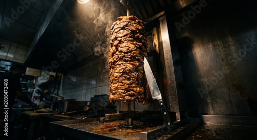 Authentic Shawarma Meat Roasting on Vertical Grill