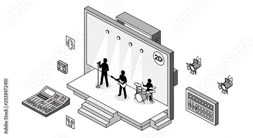 Cuadro en lienzo An isometric illustration of a musical band performing on a brightly lit stage
