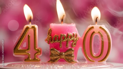 Golden 40th Birthday Candles on a Cake with Pink Bokeh Background.