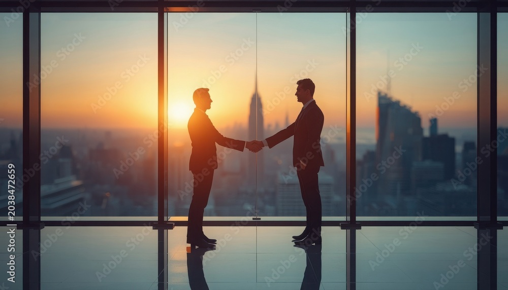 Fototapeta premium Two businessmen shaking hands in front of city skyline at sunset with tall building two people business handshake agreement partners silhouette corporate collaboration professional executive
