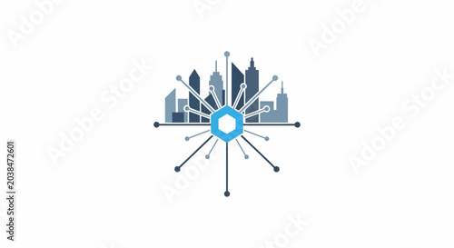 Fotografía A digital icon representing a modern city connected by a central network hub