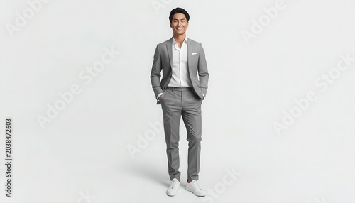 Full length portrait of young asian man in grey suit and white shirt standing with business portrait professional clothing corporate standing handsome confident businesswear leadership