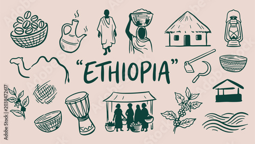 vector illusEthiopia traditional culture and heritage symbols, hand drawn minimal line art doodle set, premium modern monoline vector illustration, clean design isolated on whtration of a set of icons