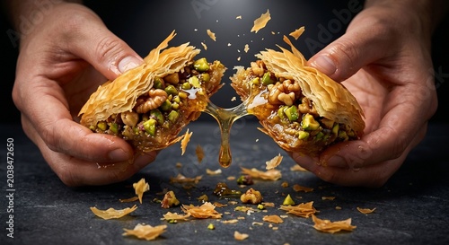 Hands Breaking Crispy Middle Eastern Snack with Crumbs