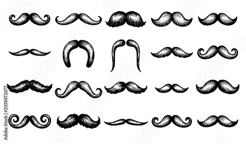 Obraz na plátně Modern hand drawn mustache vector collection black white grooming barber icon se