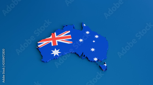 Australia 3D Flag Map on Blue Background — 3D Render of Australian National Flag with Union Jack and Southern Cross Stars Applied to Geographic Map Model for Political, 