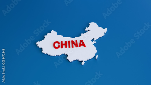 China 3D Map Model with Bold Red Text Label on Blue Background — 3D Render of White Geographic Map of China for Political, Business, Trade War, Editorial and News Design Concepts