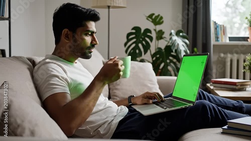 Man Working on Laptop with Green Screen in Cozy Living Room.