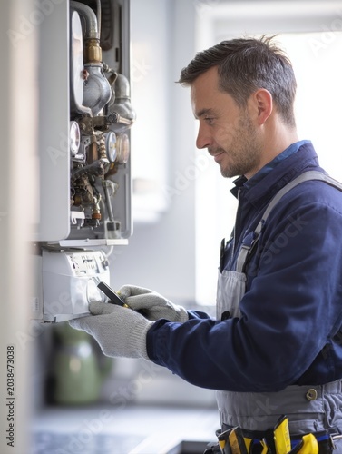 Professional heating engineer technician repairing domestic gas boiler furnace profile view male worker in blue uniform checking water pressure maintenance service fixing house utility system