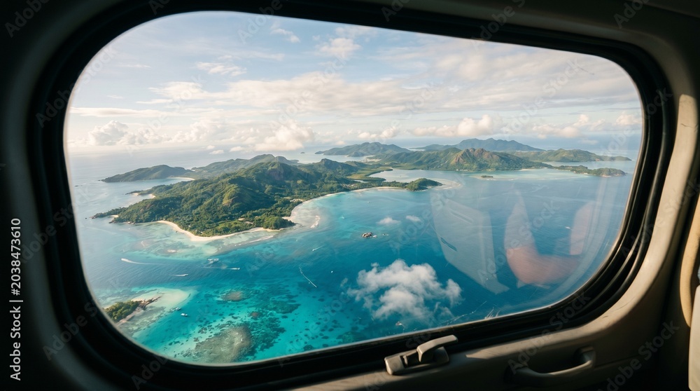 Naklejka premium Realistic airplane window view overlooking tropical islands and turquoise ocean during golden daylight
