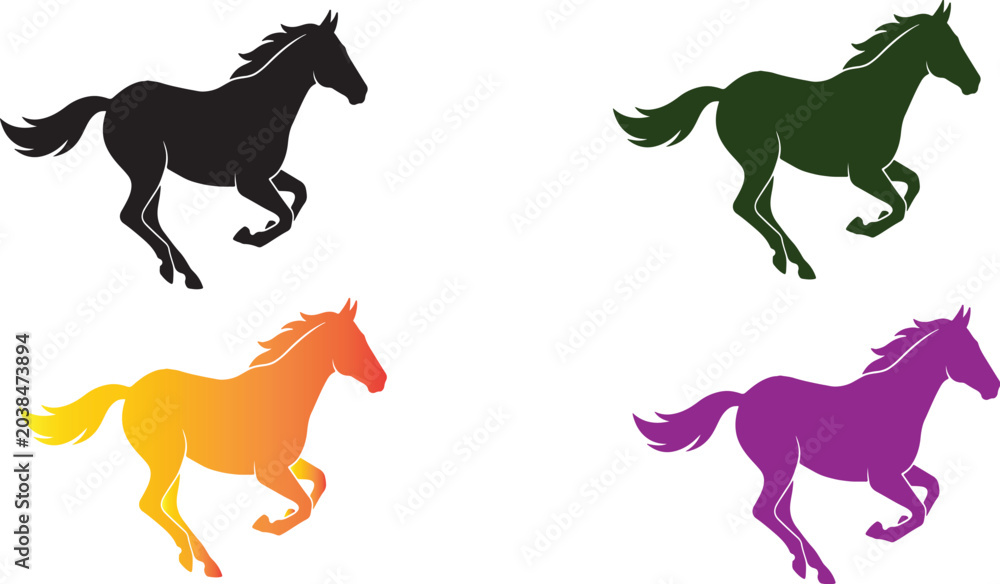 Fototapeta premium Four Running Horse Vector Illustrations in Colorful Silhouettes
