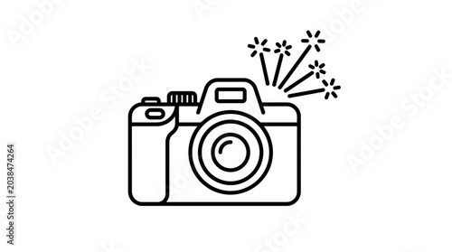 Minimalist outline icon of a digital camera with a flash burst.