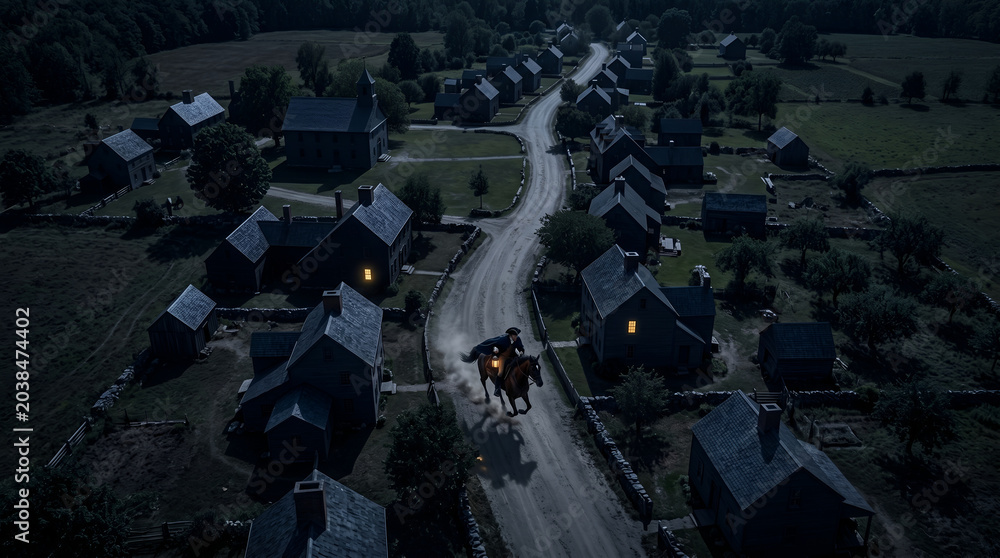 Fototapeta premium Aerial view of a colonial village at night with a rider on horseback