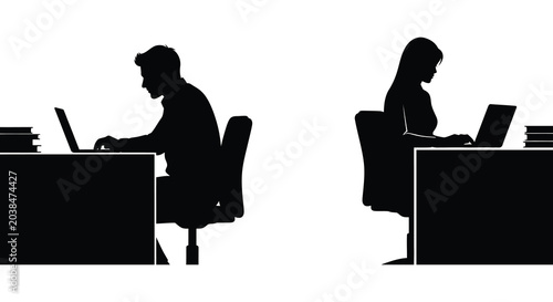 Silhouettes of two people working on laptops at desks against a white background silhouette