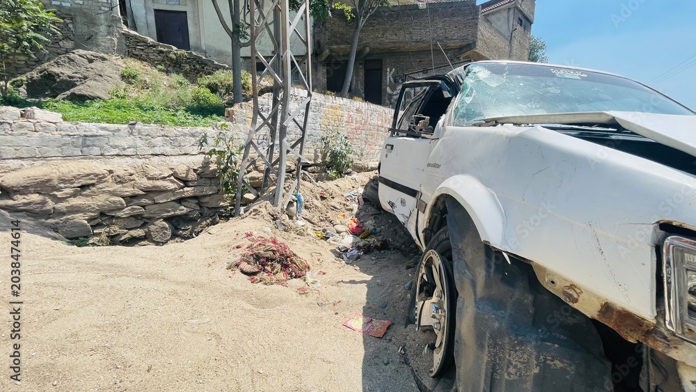 Fototapeta premium Severe car accident on GT Road in Swat, Khyber Pakhtunkhwa, Pakistan.