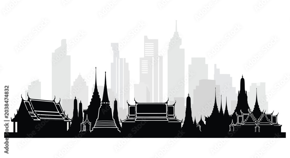 Obraz premium Bangkok skyline silhouette with traditional thai temple architecture against a white background silhouette