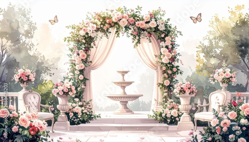 Luxury Watercolor Wedding Garden Clipart with Floral Arch and Fountain