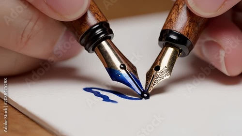 Two fountain pens writing on paper with blue ink.