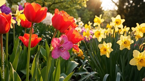 Vibrant Spring Garden Bursting with Colorful Tulips Daffodils and Rhododendrons.