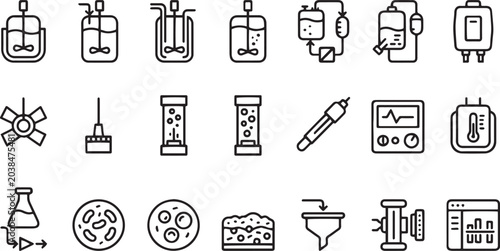 Obraz na płótnie Bioreactor and cell culture monoline vector icon set, professional line art symbols for biotechnology, fermentation, laboratory equipment, and scientific research