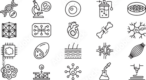 Canvas-taulu Biotechnology and Bioengineering Monoline Vector Icon Set - 20 Minimalist symbols of DNA, cell culture, organoids, heart health, and medical research