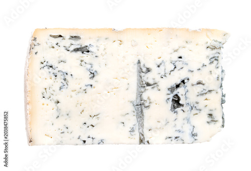 Slice of Gorgonzola Piccante, Italian blue cheese made from cow's milk, with soft and crumbly texture, and quite salty taste, with a so called bite from blue-green veining. Isolated from above. Photo