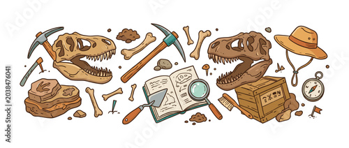 Paleontology tools and prehistoric dinosaur fossils for archaeological excavation, examining ancient bones and footprints, exploring paleontology research history