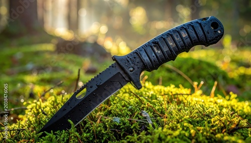 Close-up of a sharp, black tactical combat knife with serrated edge resting on lush green moss in a sunlit forest setting, highlighting its rugged design and preparedness for outdoor adventures.
